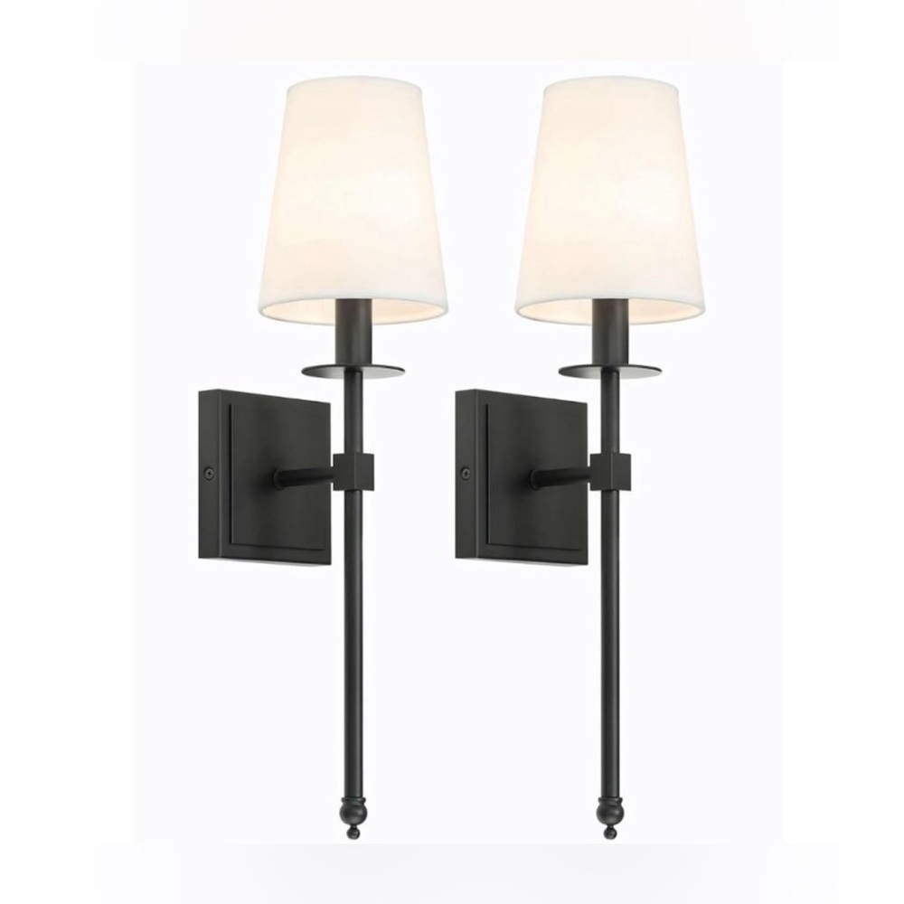HardWired !!!!! Black Wall Sconces Set of 2 with Flared White Fabric Shade